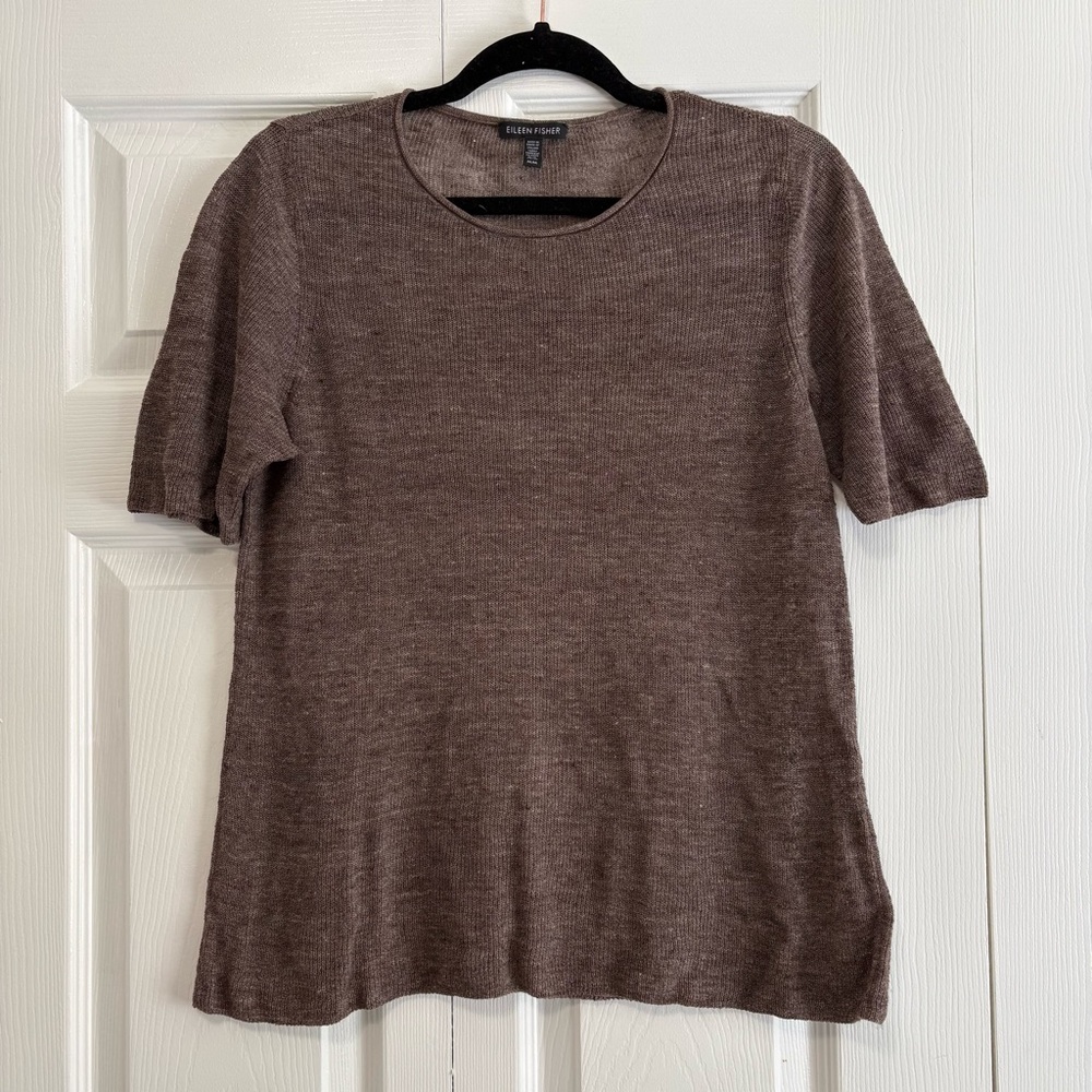 Eileen Fisher Linen Blend Chocolate Brown Short Sleeve Knit Top Quiet Luxury MED
